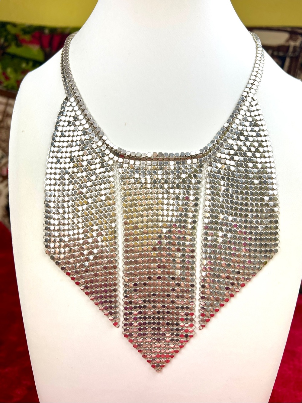 Whiting & Davis Mesh Bib Statement Necklace, 3 Point Liquid Silver Chainmail